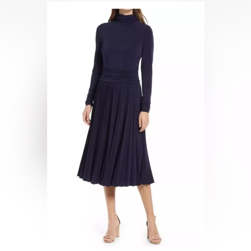 NWT Eliza J Navy Pleated Mock Neck Long Sleeve Midi Dress Size 6